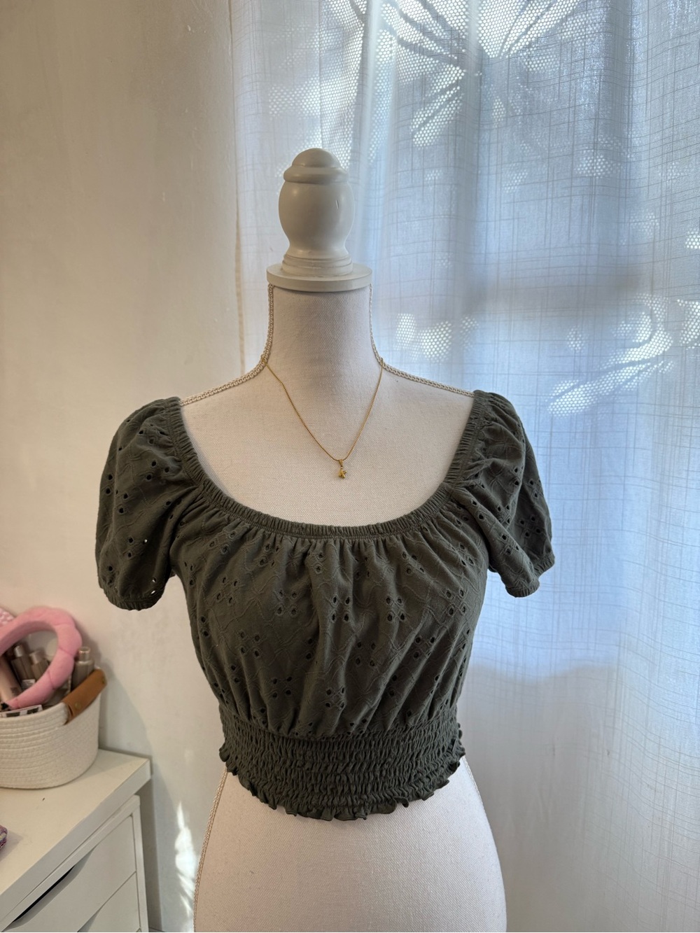 Hollister Olive Eyelet Smocked Crop Top